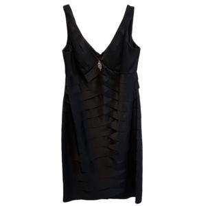 Jones Wear Black Satin-feel Cocktail Dress with Rhinestone Brooch size 8